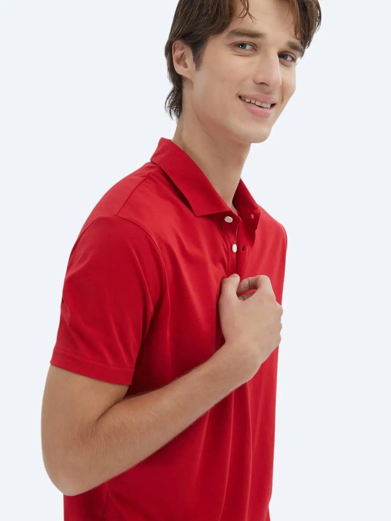 كيب تيشيرت قطني 100%، أحمر سادة، بياقة بولو - Image 4