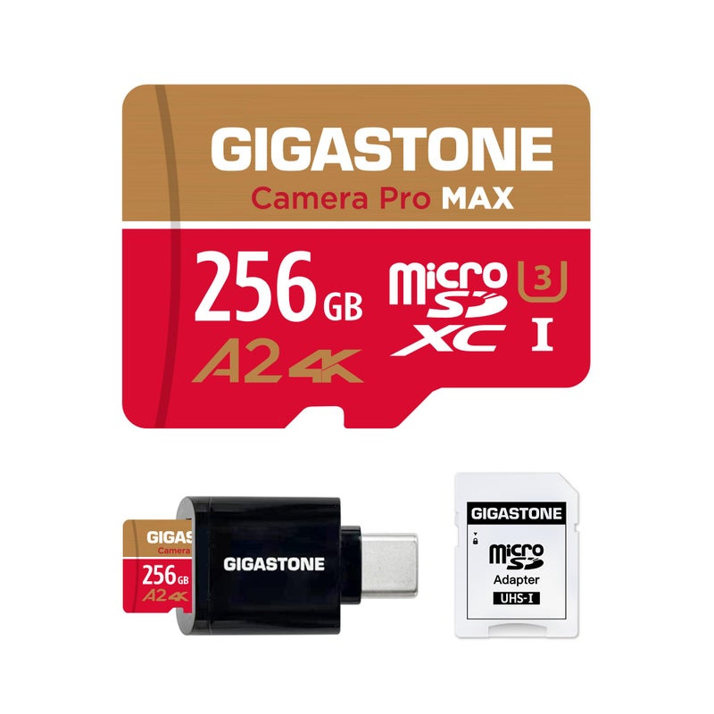 Gigastone ã€5-Years Data Recoveryã€‘ GIGASTONE 256GB Micro SD Card with USB 3.2 Type C Card Reader, 4K Camera Pro MAX, Speed Up to 130MB/s Compatible with Gopro, DJI, Dash Cam, MicroSDXC UHS-I A2 V30 U3 - Image 1