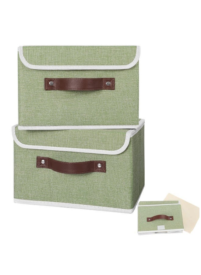 Foldable Storage Box, 2 Pcs Cotton Linen Fabric Bins with PU Leather Handles, Home Cubes Baskets, Closet Organizer Containers for Clothes, Room, Toy, Underwear, Bra, Panty  - Image 1