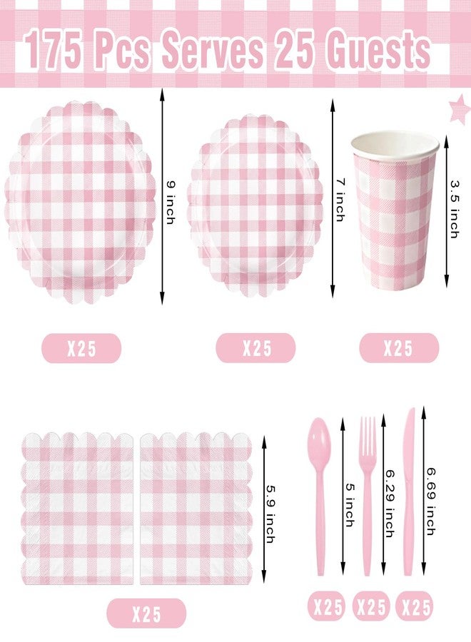 QIYANPAX 175 PCS Pink Gingham Party Supplies Includes Pink Gingham Paper Plates, Cups, Napkins, Cutlery for Baby & Bridal Shower, Wedding, Birthday Party, Outdoor Picnic, Serves 25 - Image 2