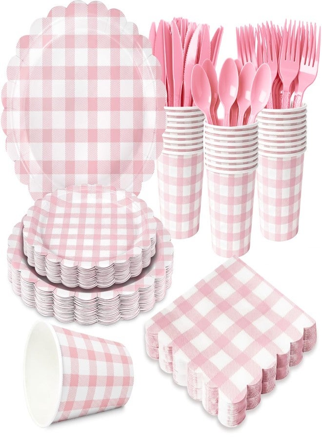 QIYANPAX 175 PCS Pink Gingham Party Supplies Includes Pink Gingham Paper Plates, Cups, Napkins, Cutlery for Baby & Bridal Shower, Wedding, Birthday Party, Outdoor Picnic, Serves 25 - Image 1