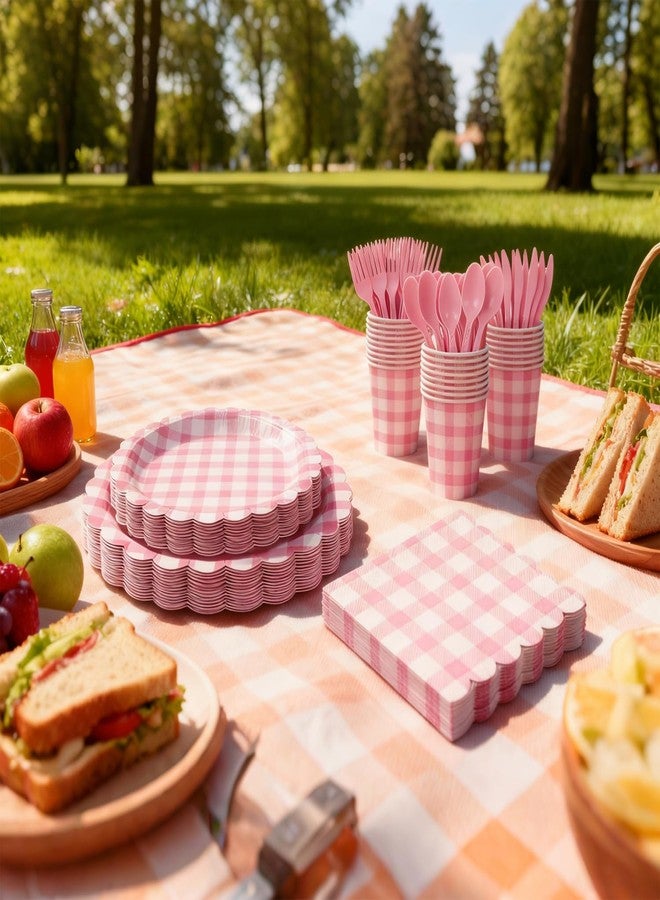 QIYANPAX 175 PCS Pink Gingham Party Supplies Includes Pink Gingham Paper Plates, Cups, Napkins, Cutlery for Baby & Bridal Shower, Wedding, Birthday Party, Outdoor Picnic, Serves 25 - Image 4