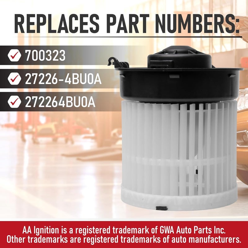 AA Ignition محرك مروحة سخان مكيف الهواء بديل - متوافق مع سيارات نيسان - 2014-2019 روج 2.5 لتر، روج سبورت 2.0 لتر - يحل محل 700323، 27226-4BU0A، 272264BU0A مجموعة سخان HVAC الجانبية الأمامية - Image 3
