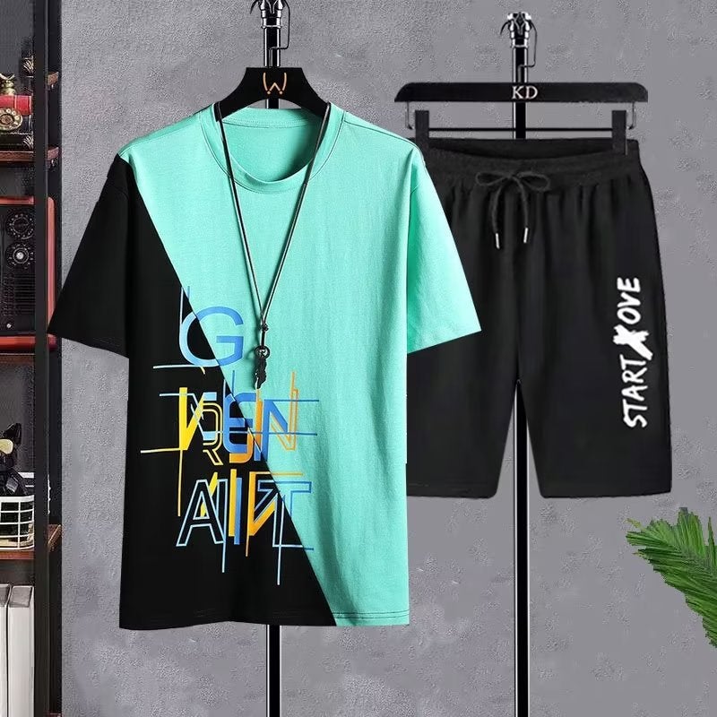 Mens Summer Quick-Dry T-Shirt Shorts Set d08 black-