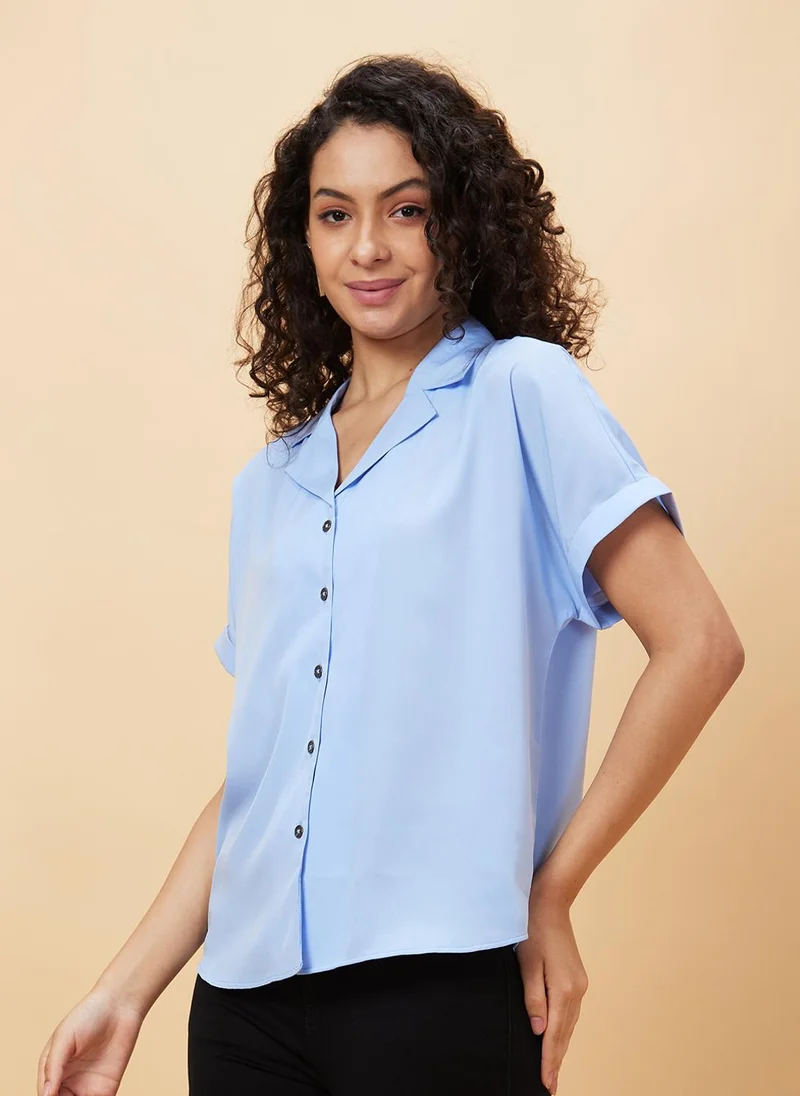 globus Globus Women Blue Notch Lapel Collar Shirt Styled Top