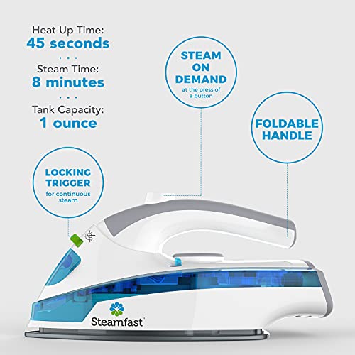 Steamfast SF-710 Mini Steam Iron, Non-Stick Sole Plate, Foldable Handle, 45 Second Heat Up Time, Cord Storage, Portable, 6-Foot Power Cord, Chemical-Free Steam Power, White - Image 4