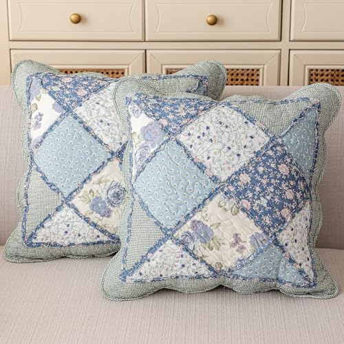 vctops Set of 2 Quilted 100 Cotton Boho Throw Pillow Covers 18 x 18 Farmhouse Country Floral Patchwork Decorative Cushion Cover Patchwork Flower F - Image 1