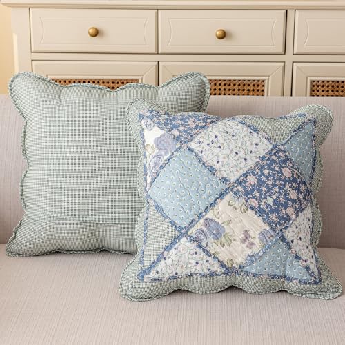vctops Set of 2 Quilted 100 Cotton Boho Throw Pillow Covers 18 x 18 Farmhouse Country Floral Patchwork Decorative Cushion Cover Patchwork Flower F - Image 3