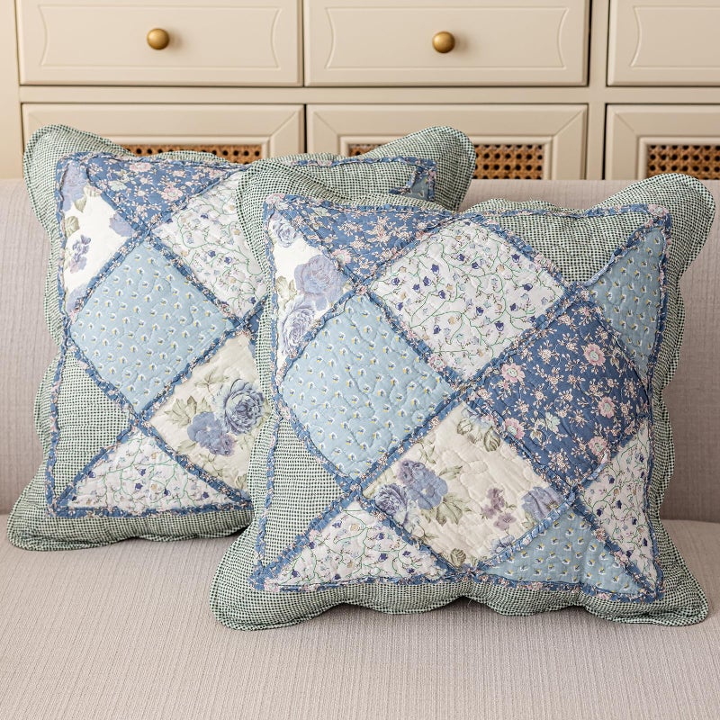 vctops Set of 2 Quilted 100 Cotton Boho Throw Pillow Covers 18 x 18 Farmhouse Country Floral Patchwork Decorative Cushion Cover Patchwork Flower F - Image 2