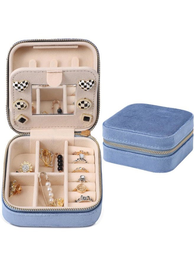 Dajasan Velvet Jewelry Box Mini Travel Jewelry Case Portable Travel Jewelry Organizer with Mirror for Earrings Bracelets Rings Necklace (blue) - Image 1