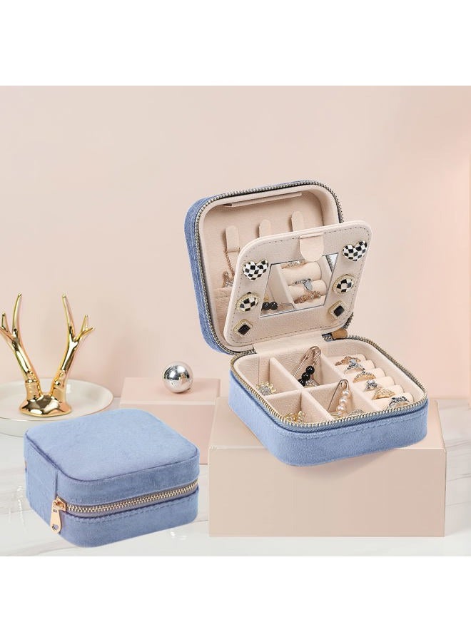 Dajasan Velvet Jewelry Box Mini Travel Jewelry Case Portable Travel Jewelry Organizer with Mirror for Earrings Bracelets Rings Necklace (blue) - Image 2