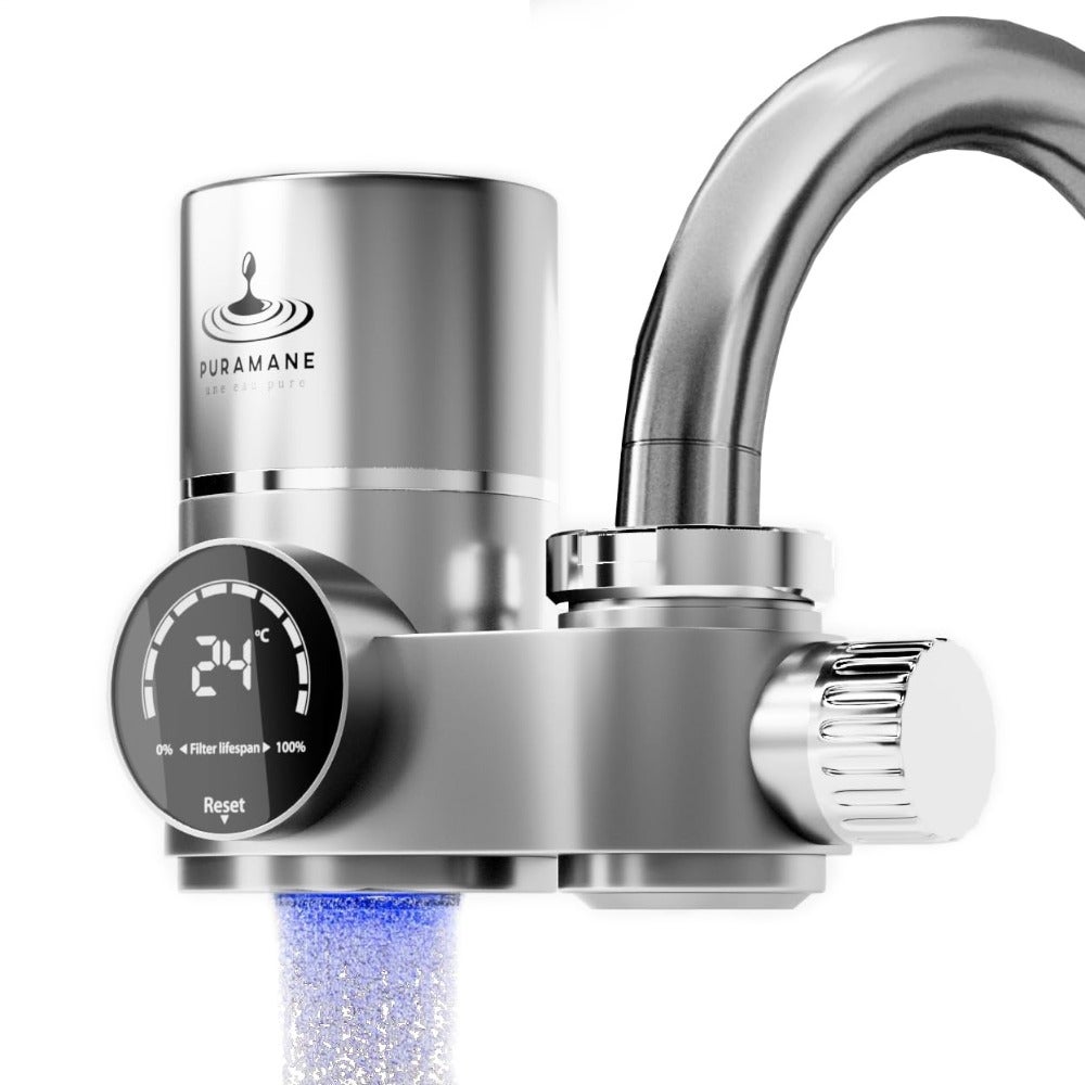 Kitchen faucet water filter for tap use, ABS plastic body in white, real-time TDS digital display showing filtration performance