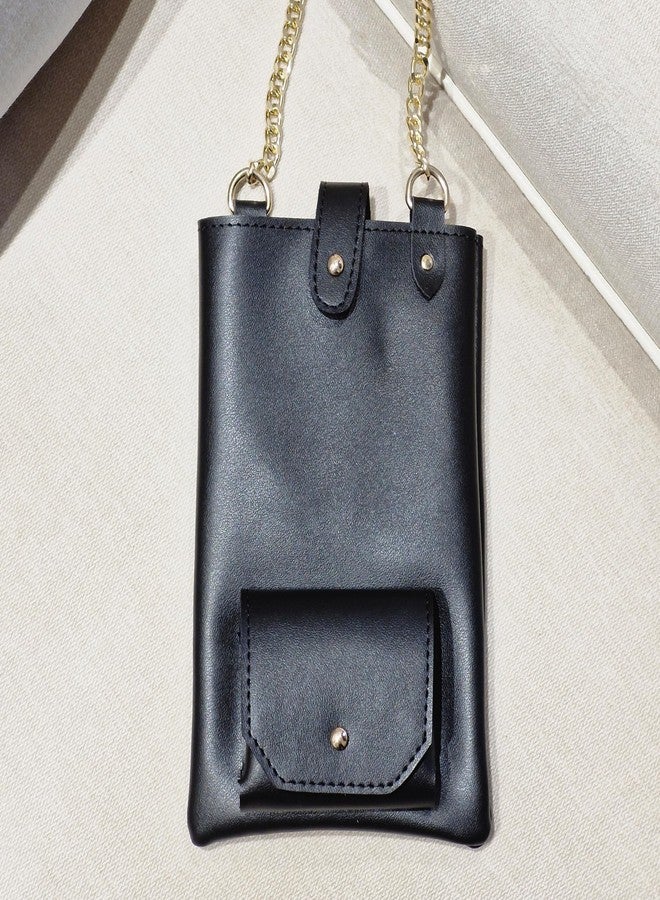 IMARS Black Vegan Leather Sling Mobile Bag - Elegant Crossbody Pouch with Golden Chain & Earbuds Pocket - Image 2