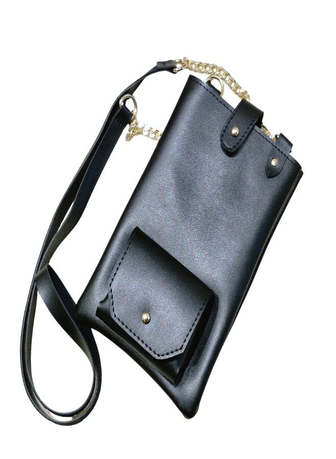 IMARS Black Vegan Leather Sling Mobile Bag - Elegant Crossbody Pouch with Golden Chain & Earbuds Pocket - Image 1