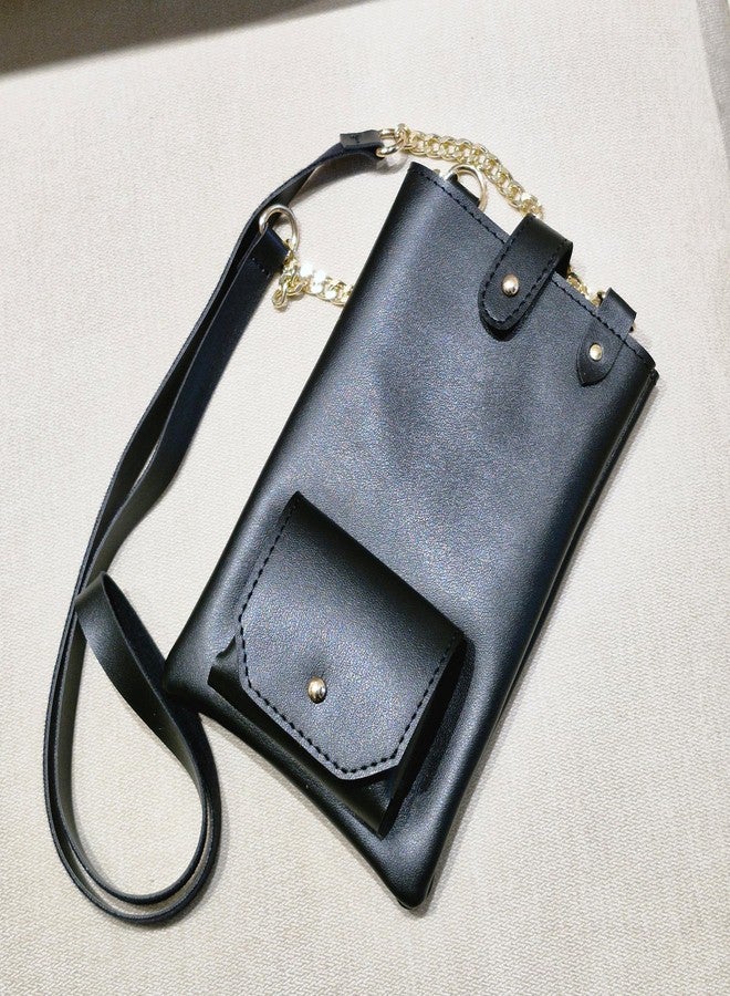 IMARS Black Vegan Leather Sling Mobile Bag - Elegant Crossbody Pouch with Golden Chain & Earbuds Pocket - Image 4