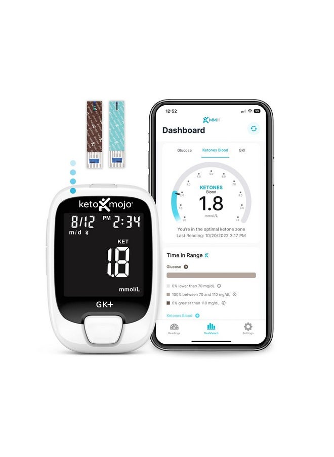 Keto-Mojo KETO-MOJO GK+ Bluetooth Glucose & Ketone Testing Kit + Free APP for Ketosis & Diabetes Management. 20 Blood Test Strips (10 Each), Meter, 20 Lancets, Lancing Device, and Control Solutions  - Image 1