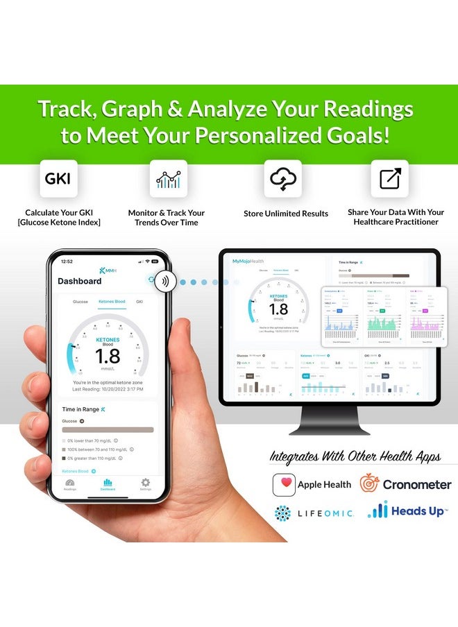 Keto-Mojo KETO-MOJO GK+ Bluetooth Glucose & Ketone Testing Kit + Free APP for Ketosis & Diabetes Management. 20 Blood Test Strips (10 Each), Meter, 20 Lancets, Lancing Device, and Control Solutions  - Image 4