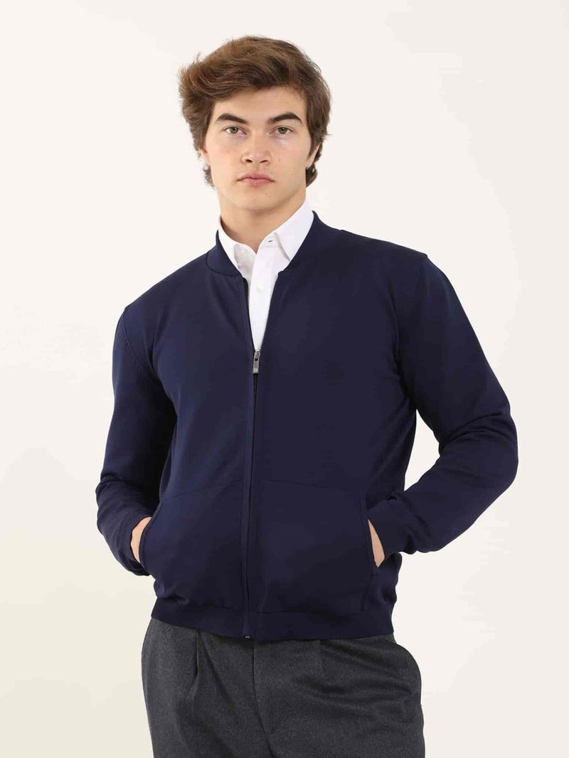 Dufy سويتر رجالي بومبر بقلنسوة بسيط Slim Fit باللون الأزرق البحري - 96347  - Image 2