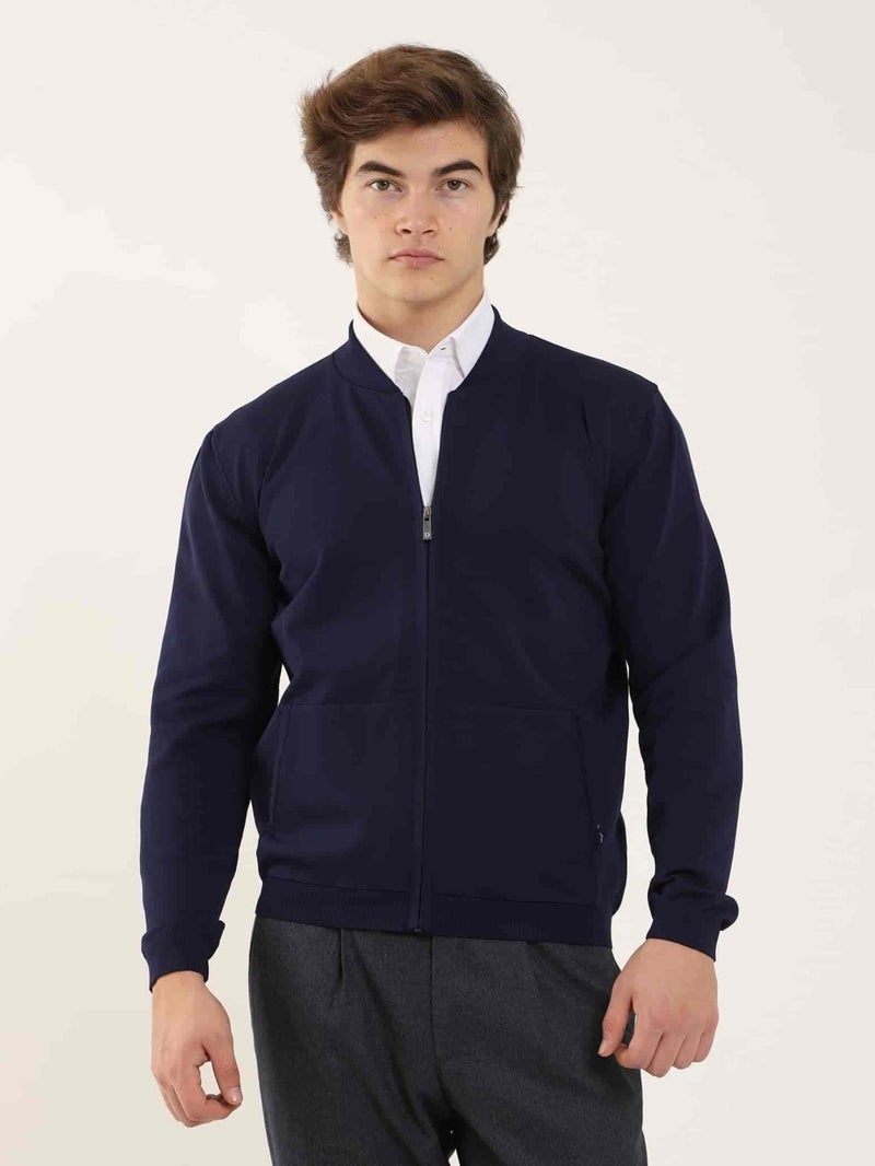 Dufy سويتر رجالي بومبر بقلنسوة بسيط Slim Fit باللون الأزرق البحري - 96347  - Image 1