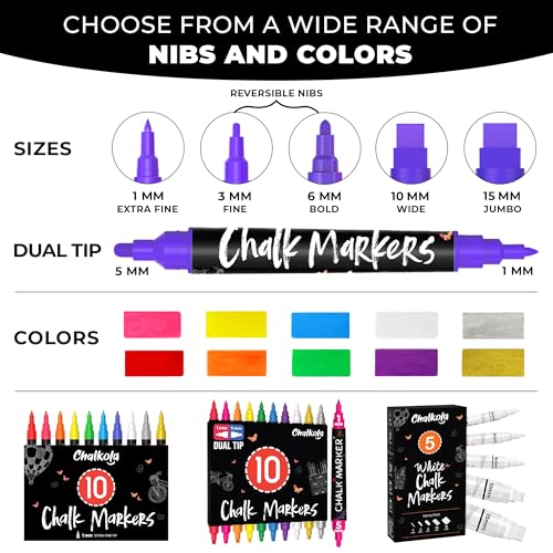 Chalkola Neon Car Window Markers - 10 Chalk Pens (with Gold, Silver) - 3 in 1 Nib, 15mm Jumbo Tip - Washable Liquid Chalk Markers for Blackboard, Chalkboard, Glass, Cars - Erasable Window Glass Pens - Image 2