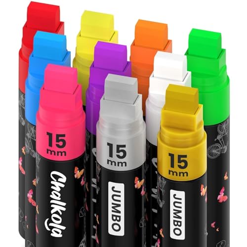 Chalkola Neon Car Window Markers - 10 Chalk Pens (with Gold, Silver) - 3 in 1 Nib, 15mm Jumbo Tip - Washable Liquid Chalk Markers for Blackboard, Chalkboard, Glass, Cars - Erasable Window Glass Pens - Image 1
