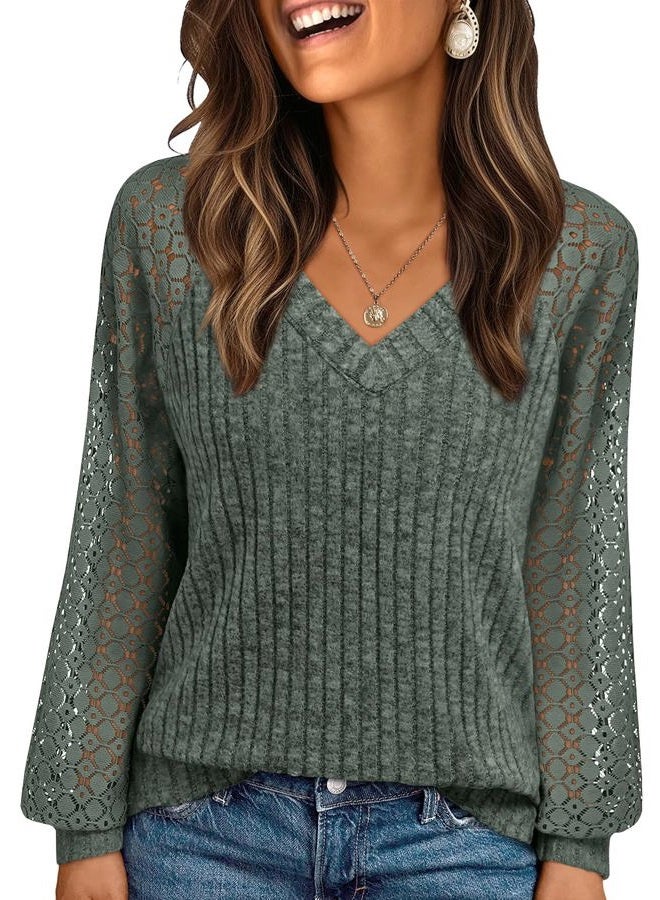 AUTOMET Women Summer Tops Spring Fashion 2026 Lace Long Sleeve Shirts Fall Sweaters Dressy Casual Tunic Blouse Work Clothing, Green, L - Image 1