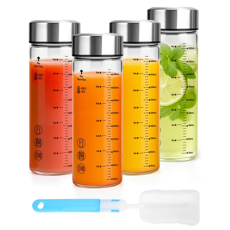 Luxfuel 16 oz Glass Juice Bottles with Lids - 4 Pack Wide Mouth Borosilicate Glass Water Bottles with Stainless Steel Lids for Juicing, Smoothies, Infused Water, Milk, Leakproof & Reusable, BPA-Free - Image 1