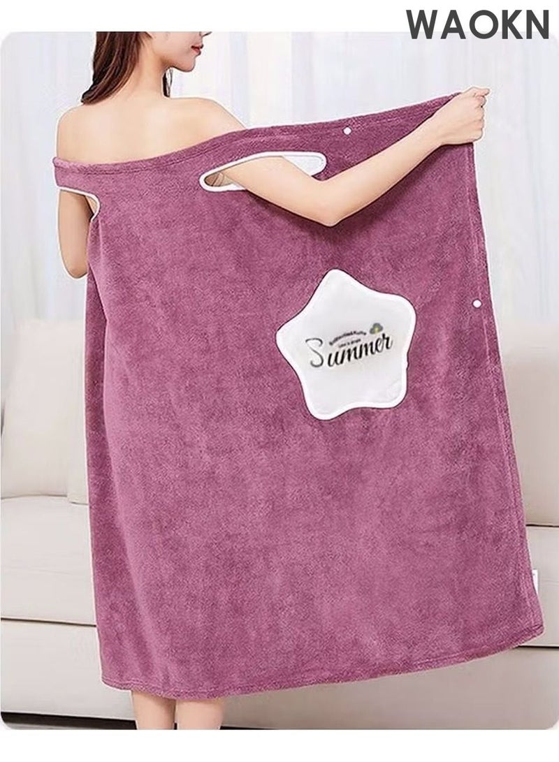 WAOKN Bath Robe With Pocket,Off-shoulder Wearable Bath Towel With Snap Button,Bathrobe Suitable For Sauna Beach Swimming Pool Gym Travel,Luxurious & Absorbent, Soft Velvet Feel, Ankle-Length with Shawl Collar & Pockets - Image 2