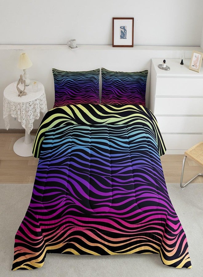 Man Fei Manfei Rainbow Zebra Print Bed Comforter Set Queen Size,Zebra Stripes Geometric Super Soft Microfiber Bedding Set for Adults Teens,Natural Wildlife African Animal Comforter Set,2 Pillowcases - Image 1