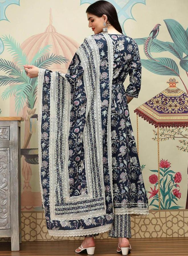 Ishin Printed V-Neck Kurta with Trousers and Dupatta Set - Image 4