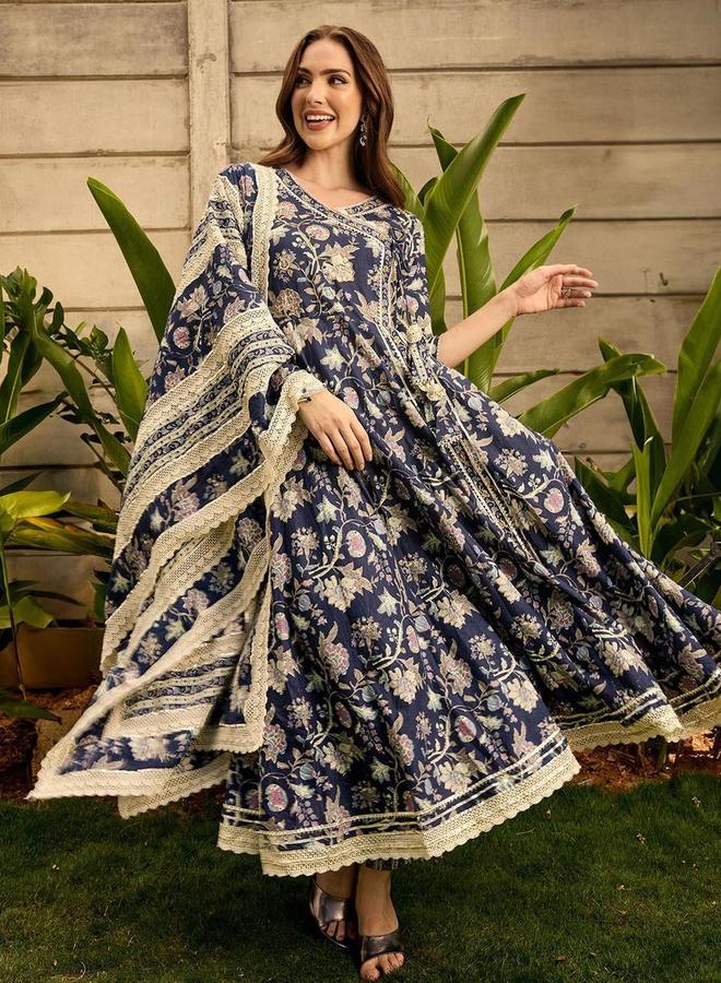 Ishin Printed V-Neck Kurta with Trousers and Dupatta Set - Image 1