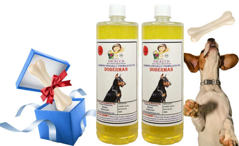 swacch Shampoo | Puppy Safe Shampoo| Doberman Dog Shampoo (1 Litre) (Pack of 2) Lemon + Medium White Bone |Dog Chew Bones |Teething chew Toy|Dental Teething |Combo Pack - Image 1