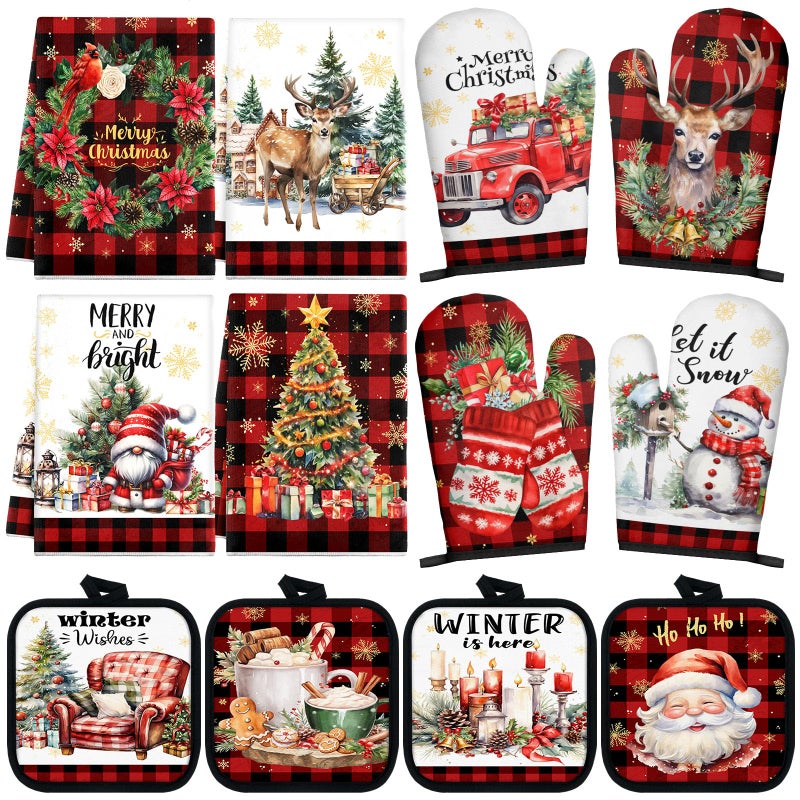 SiliFine 12 Pcs Oven Mitts and Kitchen Towel Sets 4 Dish Towels 4 Potholders 4 Vintage Resistant Glove for Cooking Baking Home GiftingRed and Black Stripes - Image 2