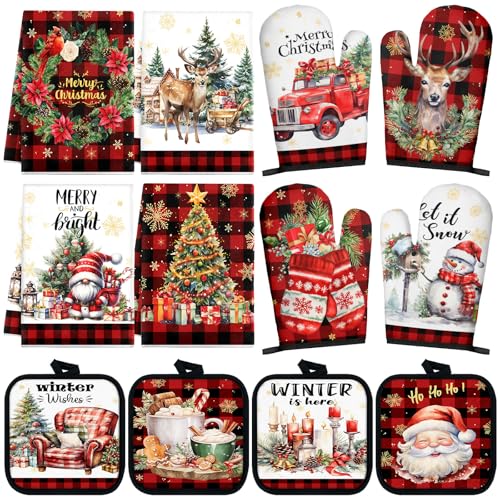 SiliFine 12 Pcs Oven Mitts and Kitchen Towel Sets 4 Dish Towels 4 Potholders 4 Vintage Resistant Glove for Cooking Baking Home GiftingRed and Black Stripes - Image 1