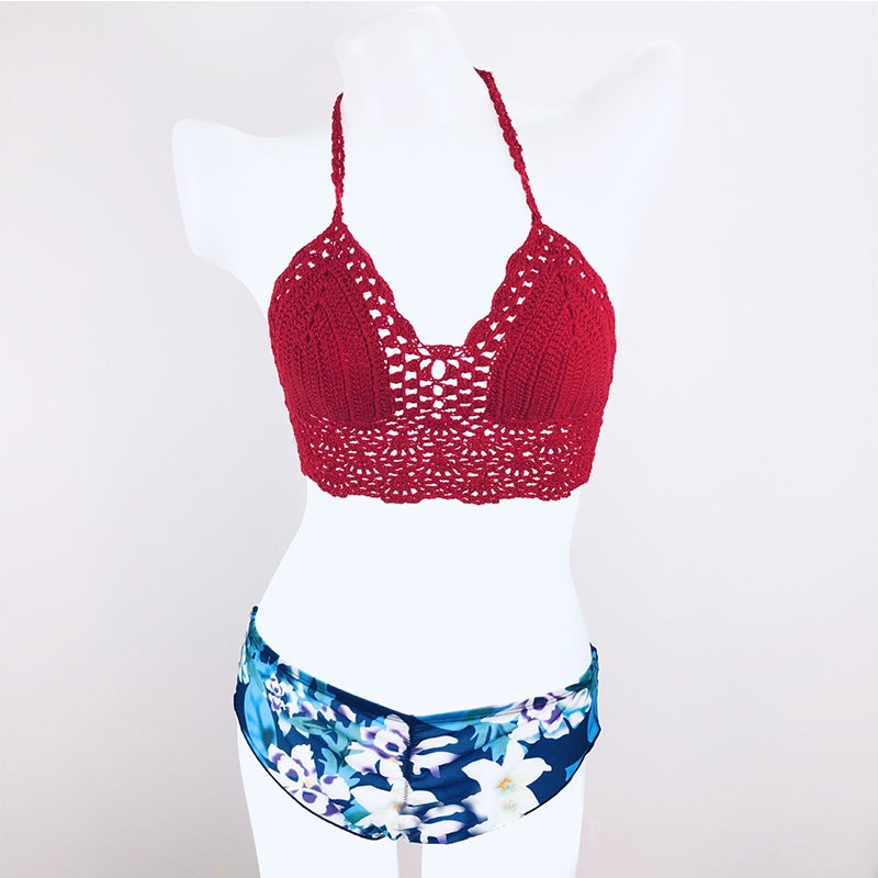Colorful Hand-Knitted Bikini Outer Wear Crochet Cut Out Bikini Top Seaside Spring Split Swimsuit Vacation - Image 1