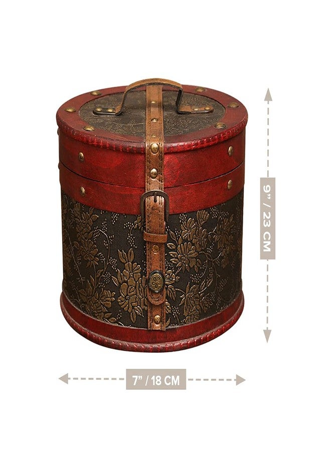Primo Supply Vintage Jewelry Box - Classic Victorian Style Trinket Box with Lock - Cylindrical Wooden Box for Accessories - Small Keepsake Box w/ Top Handle - Round Treasure Chest - Vintage Decor Vanity Organizer - Image 2