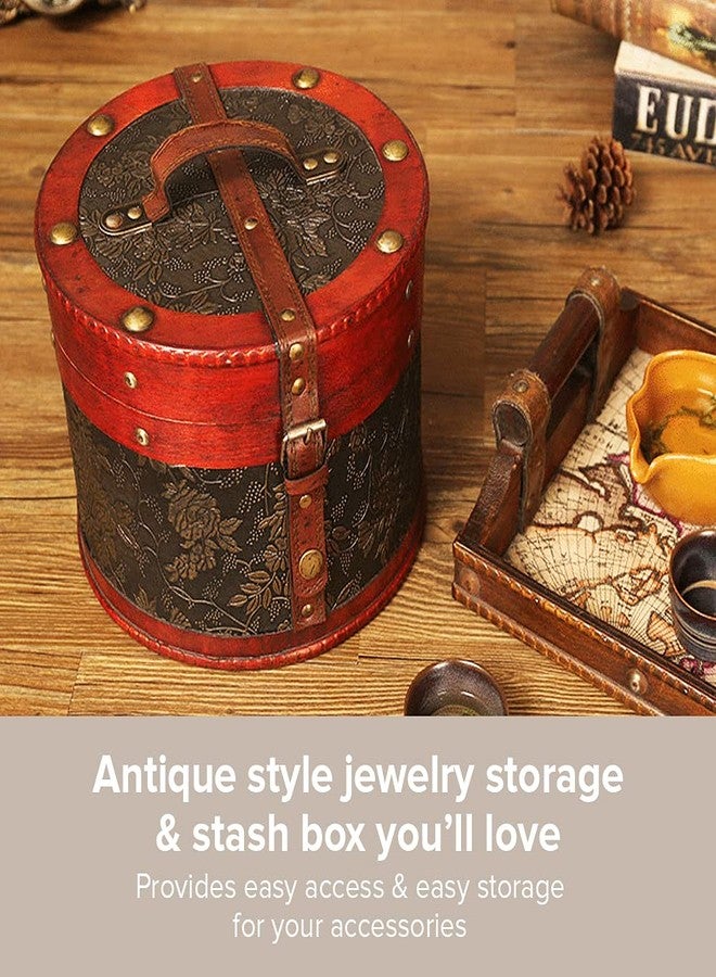 Primo Supply Vintage Jewelry Box - Classic Victorian Style Trinket Box with Lock - Cylindrical Wooden Box for Accessories - Small Keepsake Box w/ Top Handle - Round Treasure Chest - Vintage Decor Vanity Organizer - Image 3