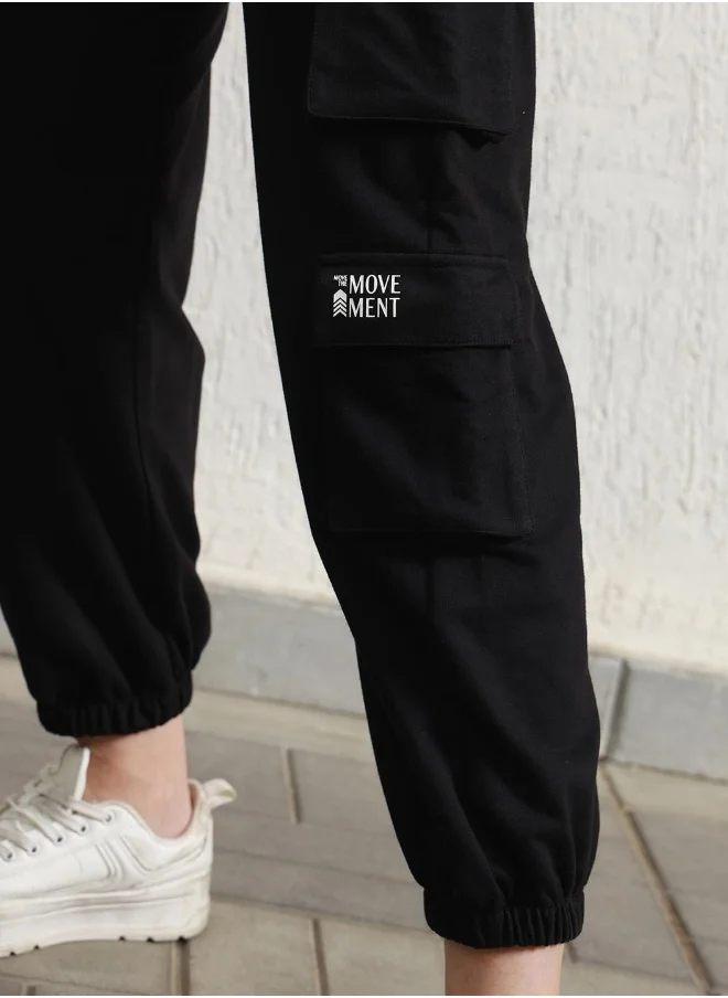 هوبرهولمي Women's Black Cotton Blend Printed Full Length Cargo Regular Fit Trouser