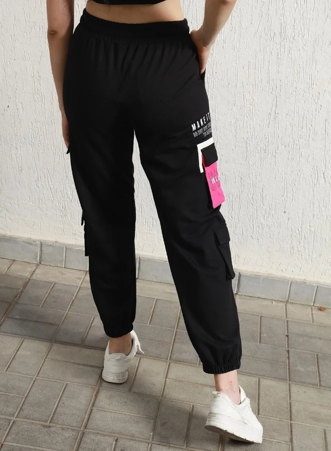 Hubberholme Women's Black Cotton Blend Printed Full Length Cargo Regular Fit Trouser