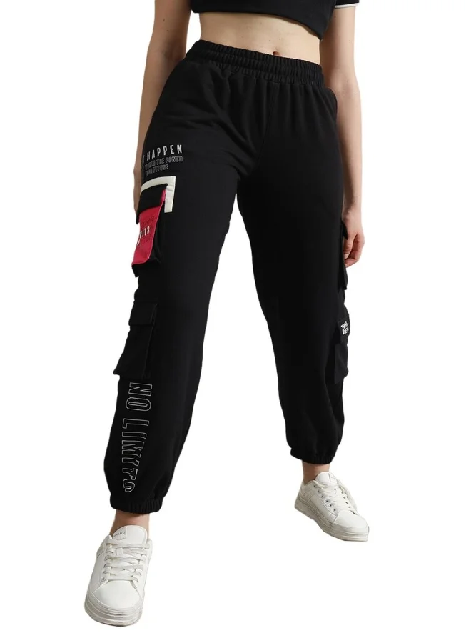 Hubberholme Women's Black Cotton Blend Printed Full Length Cargo Regular Fit Trouser