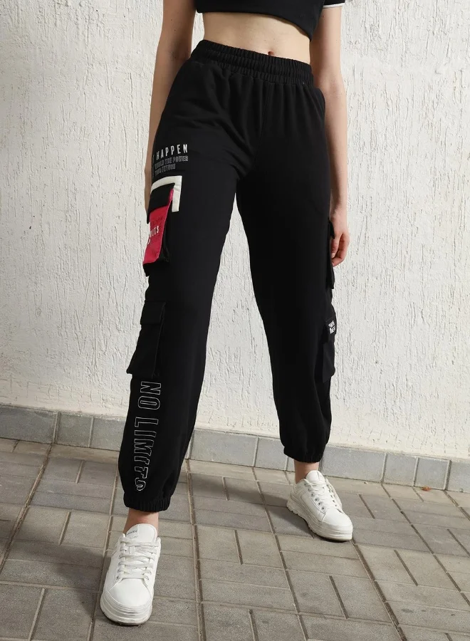 Hubberholme Women's Black Cotton Blend Printed Full Length Cargo Regular Fit Trouser