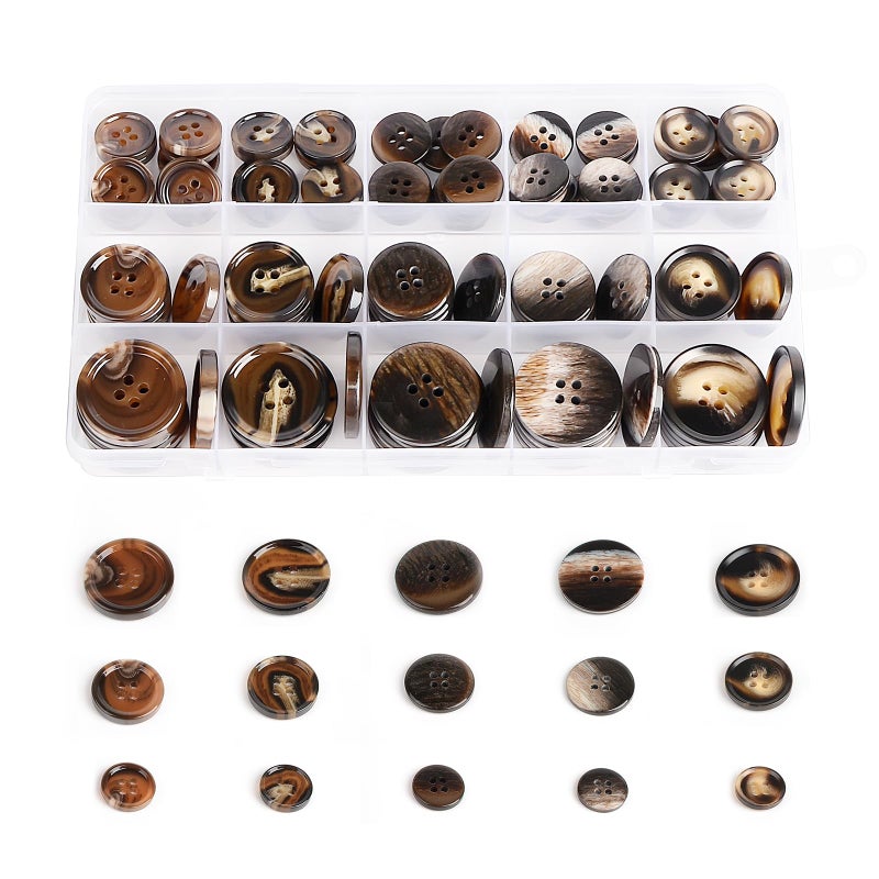 OELFFOW 110Pcs Brown Patterned Mixed Sewing Buttons  4-Hole Craft Round Blazer Buttons  5 Color 3 Size (15Mm  20Mm  25Mm) Suit Coats Resin Button  For Variety Clothing Sewing  Diy Craft (Brown Patterned) - Image 1