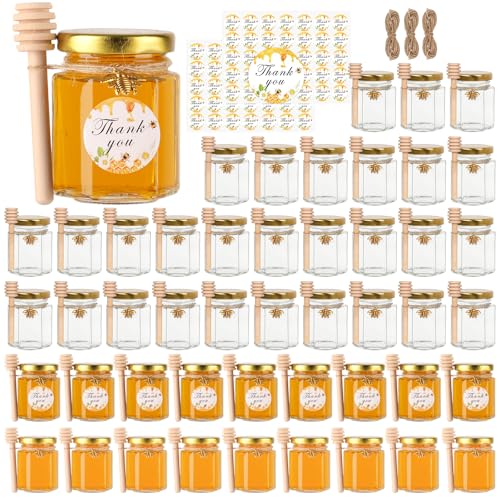 BIGIVACA 3 oz Hexagon Mini Glass Honey Jars with Wood Dippers,48 Pack Small Honey Jars with Gold Lids,Bee Pendants,Jutes,Bee Stickers,Perfect for Baby Shower,Wedding Favors,Party Favors - Image 1