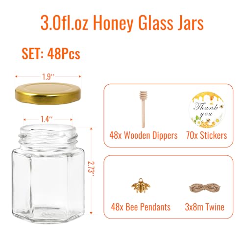 BIGIVACA 3 oz Hexagon Mini Glass Honey Jars with Wood Dippers,48 Pack Small Honey Jars with Gold Lids,Bee Pendants,Jutes,Bee Stickers,Perfect for Baby Shower,Wedding Favors,Party Favors - Image 2
