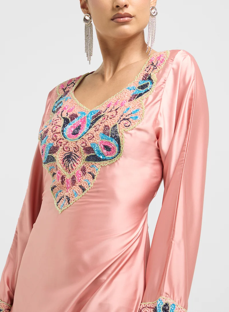 ARABIAN CLOSET Embellished Belted Jalabiya