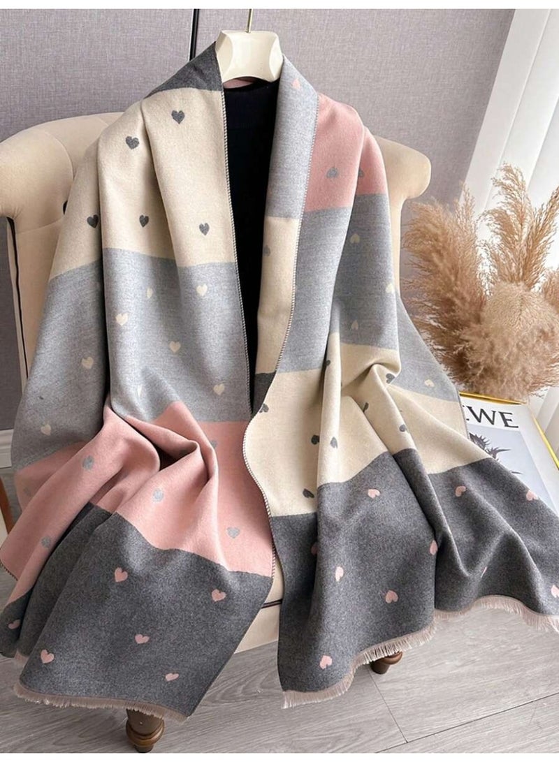 وشاح نسائي شتوي بنقشة القلوب – شال أنيق بتصميم ألوان متداخلة – ناعم ودافئ للإطلالات اليومية والشتوية - Image 1