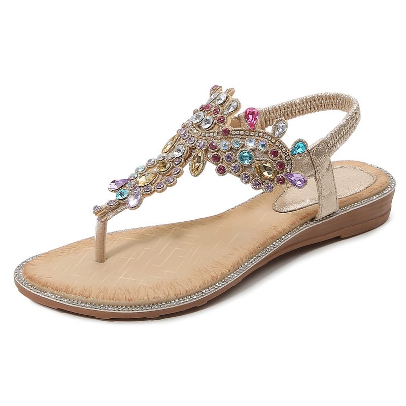 iCKER Women Rhinestone Sandals T-Strap Buckle Bohemian Pearl Crystal Flat Sandals-PD01-Gold-8 - Image 1