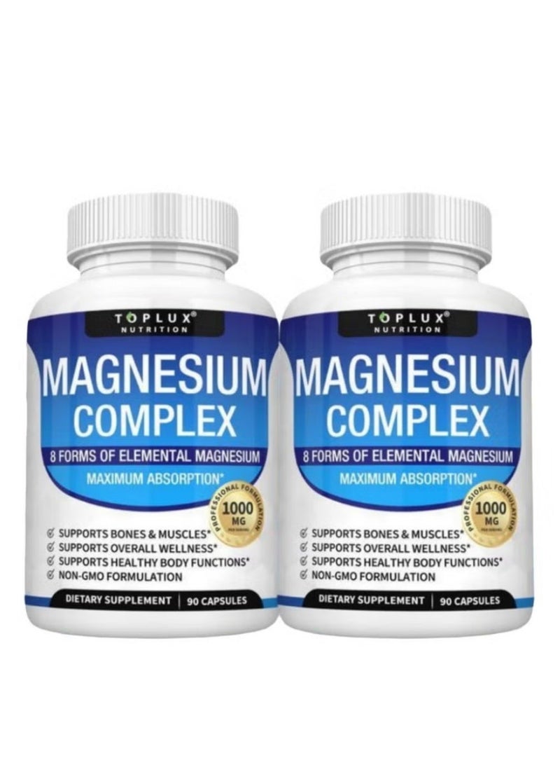 Toplux 8-in-1 Magnesium Complex – 1000mg Glycinate Citrate Malate Formula for Bones Muscle & Energy – Vegan 90 Capsules 2 Bottles - Image 1