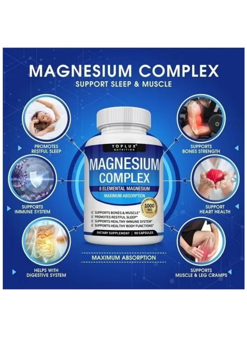 Toplux 8-in-1 Magnesium Complex – 1000mg Glycinate Citrate Malate Formula for Bones Muscle & Energy – Vegan 90 Capsules 2 Bottles - Image 5