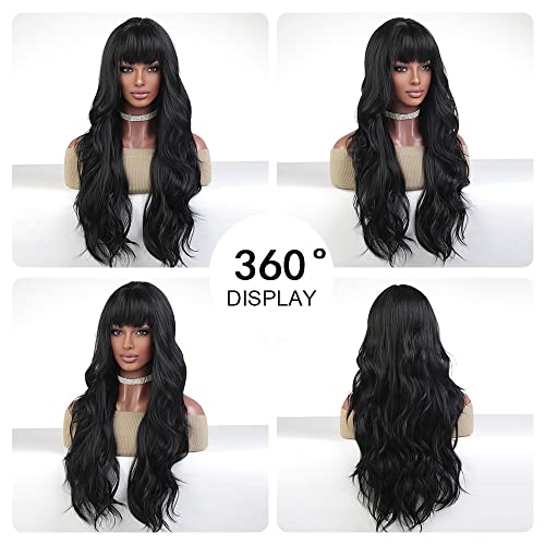 OUFEI Long Wavy Brack Wigs for Women Natural Synthetic Hair Heat Resistant Wigs for Daily Party Cosplay Wear-28 Inches - Image 5